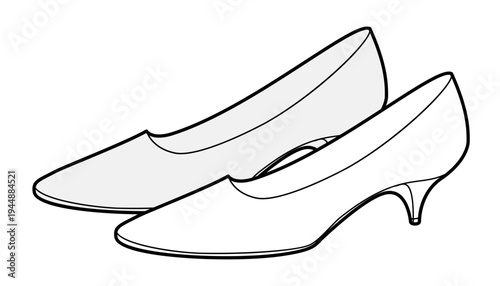 Kitten heel pump shoe women sketch pair. Closed toe dress shoe for office, dinner, everyday smart outfit. Technical fashion illustration, CAD mockup, detailed vector men unisex isolated classic style.
