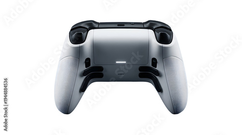 A high-performance modern white and black video game controller, viewed from the back, on transparent background. on transparent background