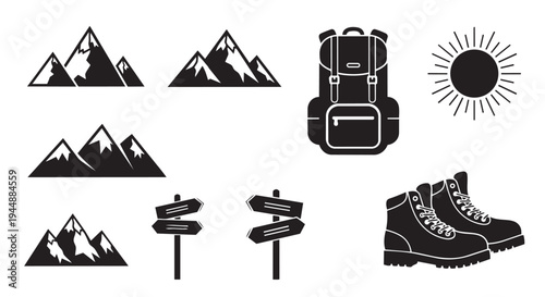 Black and white icons for hiking and adventure travel with mountains and backpacks