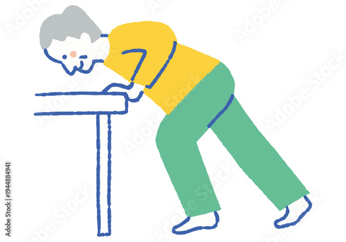 Senior man leaning on a desk to stretch_color