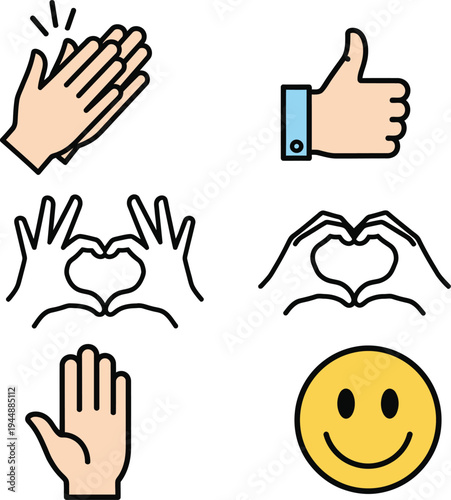 Set of icons for International Day of Happiness and other positive emotions, including clapping hands, heart shapes, thumbs up, and a smiley face