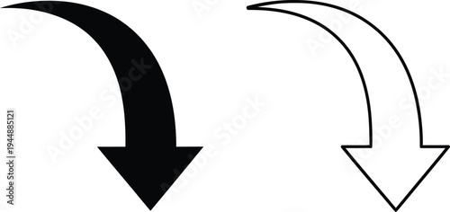 Black and white arrows pointing down curved icons isolated on transparent background, Vector