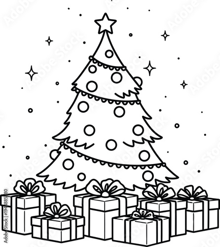 Christmas tree with presents and snowflakes