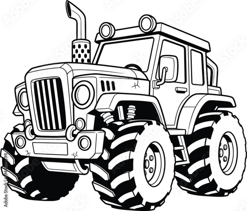 A black and white illustration of a tractor
