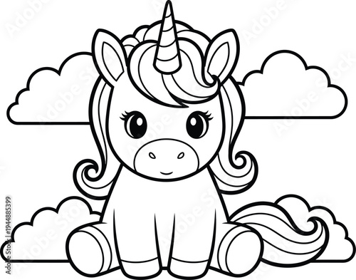 A cute cartoon unicorn sitting on clouds with a happy face