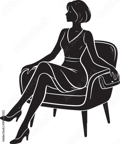 Elegant Black Silhouette Vector of a Woman Sitting in a Chair with a Handbag, Fashion and Style Concept