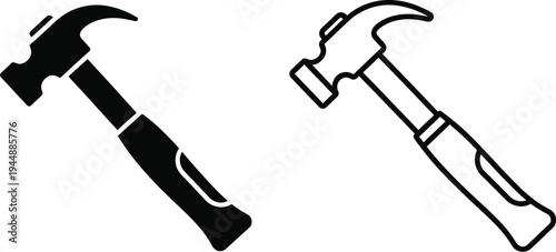 Set of 2 Claw Hammer Icons Vector: Black Solid Silhouette and Outline Line Art Style for Construction, Repair, and DIY Projects
