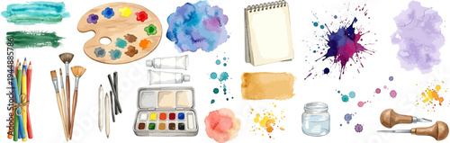 Bild auf Leinwand A professional icons collection of art supplies watercolor style vector illustra