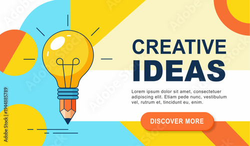 Creative Ideas Innovation Banner with Light Bulb Pencil Concept, Modern Business Inspiration Landing Page Design with Call To Action Button