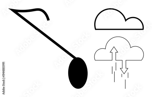 Cloud computing concept. Cloud symbols storage and data transfer with arrows upload and download. Cloud computing enables data sharing efficiently. For IT, business, technology, internet, innovation