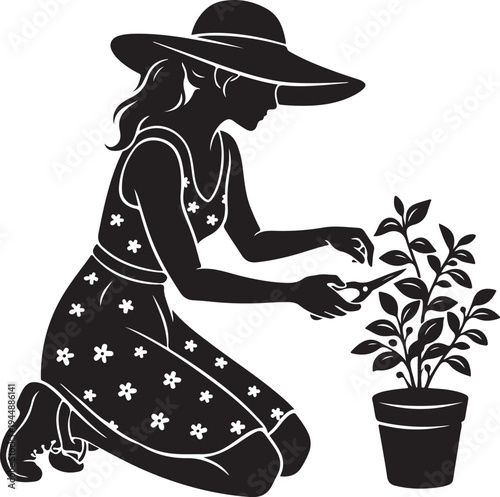 Woman in sun hat gardening, pruning potted plant with shears, silhouette vector illustration for nature and hobby designs
