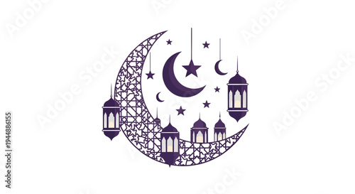 Eid Mubarak Instagram post template featuring a purple crescent moon with lanterns and stars on a white background for Ramadan social media promotions