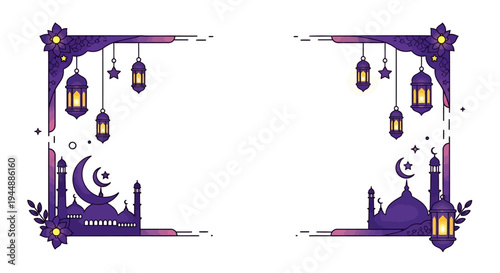 Eid Mubarak Ramadan social media template with purple mosque and lantern illustrations on a white background for business promotions