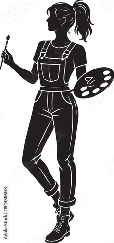 Female Artist Silhouette Vector Illustration with Paintbrush and Palette for Creative Design Projects