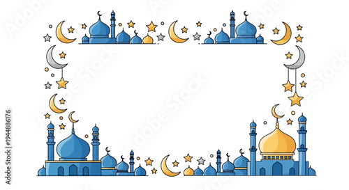Eid Mubarak Ramadan social media template with mosque and crescent moon border design for Instagram posts and promotions