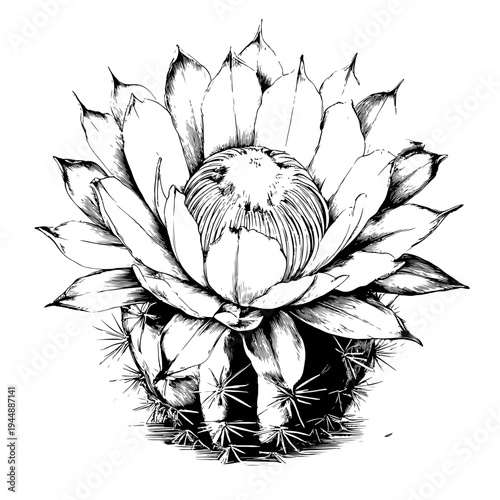 Detailed hand-drawn flowering cactus illustration in black and white, capturing botanical elegance and natural beauty, an exquisite artistic element for various design projects on adobe stock