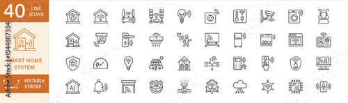 Smart Home system icon set. Smart home appliances icons. Contains symbol of automation tech, sensor, bulb, hub, face recognition, door lock, cctv camera, plug, intercom, garage, alarm. Editable stroke