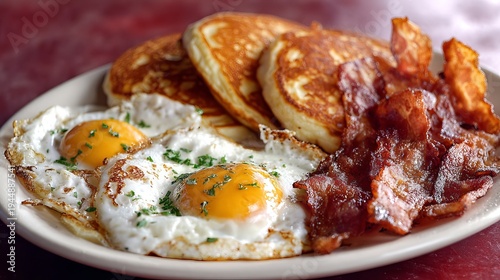 Eggs, pancakes, bacon, and toast make a classic hearty breakfast meal.