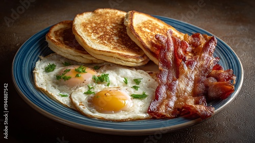 Eggs, pancakes, bacon, and toast make a classic hearty breakfast meal.