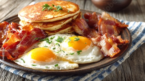 Eggs, pancakes, bacon, and toast make a classic hearty breakfast meal.