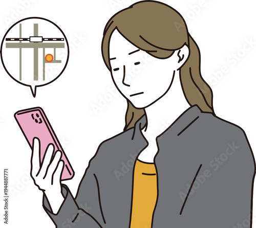 スマホでGPS追跡をする女性のイラスト素材