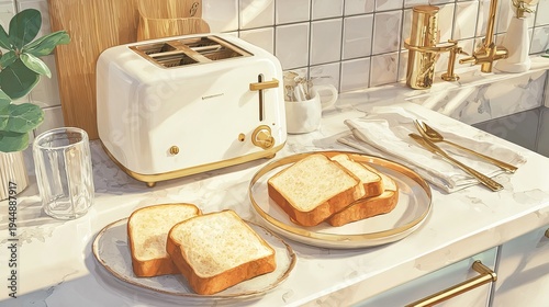 Kitchen table holds a white toaster and a plate with bread slices.
