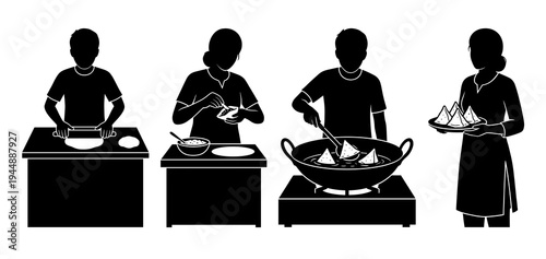 Silhouette vector illustration of people cooking samosa step by step, rolling dough, filling pastry, deep frying in hot wok, and serving traditional Indian street food snacks.