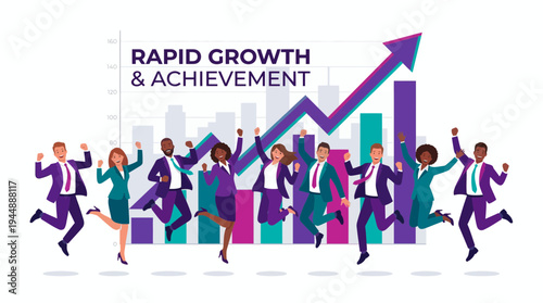 Successful corporate managers and marketing executives jumping with joy in front of financial growth bar charts, concept for business success, financial achievement and teamwork celebration