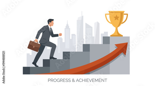 A male corporate executive carrying a briefcase climbs stairs toward a gold trophy with a city skyline background, concept for career growth, business achievement and goal motivation