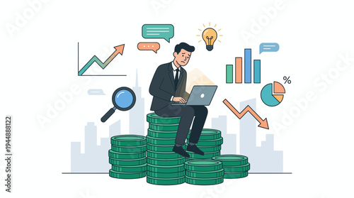 Worried corporate financial investment analyst sitting on stacks of coins working on laptop with market growth charts, concept for economic crisis, investment strategy and budget management