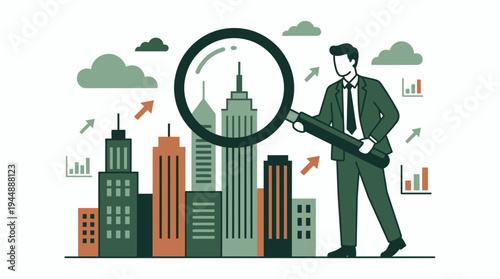 Investment analyst holding a magnifying glass to inspect city skyscrapers and buildings with growth charts, concept for property market analysis, financial strategy and urban development
