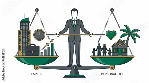 Businessman manager balancing career growth icons and personal life elements on giant scales, concept for work-life balance, professional management and employee wellness