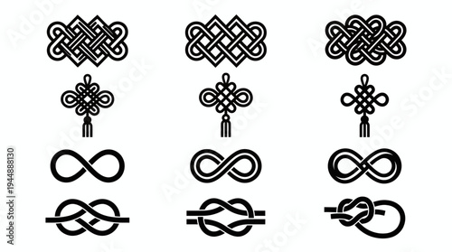 Collection of various black knot icons including infinity symbols, traditional Chinese knots and nautical rope ties isolated on white background, concept for branding, tattoo and web design