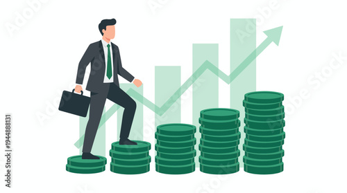 Male financial analyst in formal suit carrying briefcase climbing stacks of green coins with rising growth graph background, concept for investment growth, career advancement and financial success