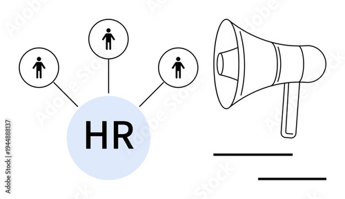 HR connects with employees through communication channels, represented by a megaphone and linked figures. Ideal for teamwork, workforce management, recruitment, employee engagement, corporate