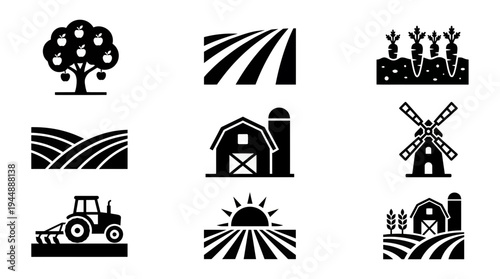 Collection of black agriculture and farming icons featuring barn tractor windmill apple tree and rural landscape elements, concept for organic farming, agricultural infographics and rural development