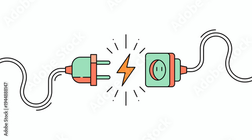 Flat line illustration of a green electric plug and socket with a yellow lightning bolt icon in the middle on white background, concept for electrical connection, power supply and energy efficiency