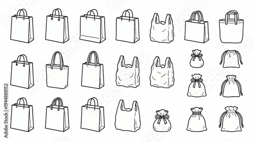 Collection of black line art shopping bag icons including tote bags, plastic sacks and fabric pouches on white background, concept for retail branding, commercial marketing and graphic illustration