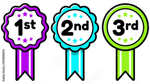 Set of three colorful award ribbon badges with first second and third place ranking numbers on white background, concept for achievement motivation, ranking systems and career progress