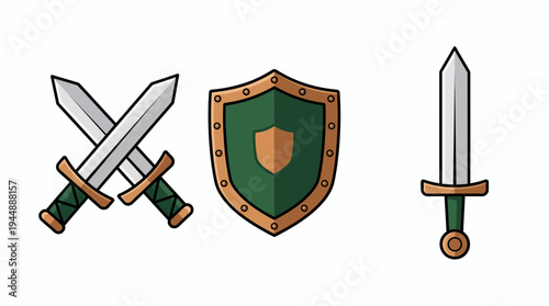 Medieval knight equipment set featuring crossed swords and green bronze shield with upright blade isolated on white background, concept for gaming assets, security and historical storytelling