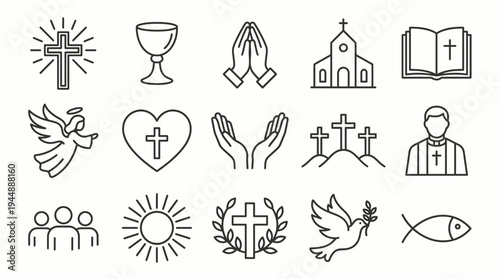 Christian religion and church line icons set featuring cross, bible, praying hands, angel, priest and holy spirit symbols, concept for religious education, outreach and spiritual design