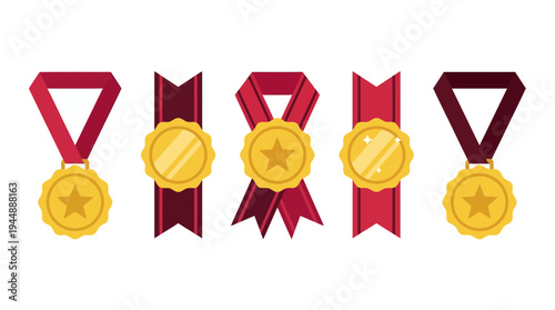 Set of diverse golden medals with red ribbons and star emblems on white background, concept for corporate employee recognition, sports competition achievement and educational excellence