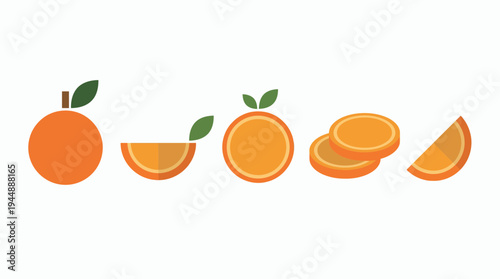 Minimalist flat vector illustration of orange fruit showing whole, half, sliced and wedge pieces on white background, concept for healthy diet, juice packaging and organic food marketing