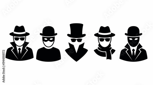 Mystery undercover corporate agents and detective silhouettes wearing professional suits and masks, concept for private investigation, cyber security and corporate espionage