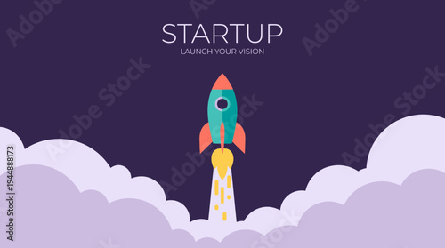 Vector illustration of a rocket launching into the dark sky with clouds and text startup launch your vision, concept for business growth, entrepreneurial success and creative project launching