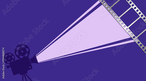Vintage film projector silhouette casting a bright light beam onto a cinematic film strip on a purple background, concept for movie production, cinema advertising and film industry presentation