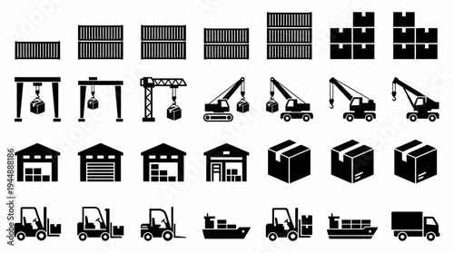 Large collection of logistics and warehouse equipment icons featuring containers, cranes, forklifts and cargo ships, concept for supply chain management, shipping logistics and distribution