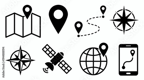Collection of black navigation and map icons featuring GPS pin, compass, satellite and smartphone app, concept for mobile interface design, travel planning and logistics management