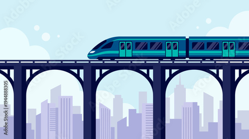 Modern high speed electric train moving on elevated bridge over urban city skyline background, concept for public transportation, sustainable travel and smart city infrastructure