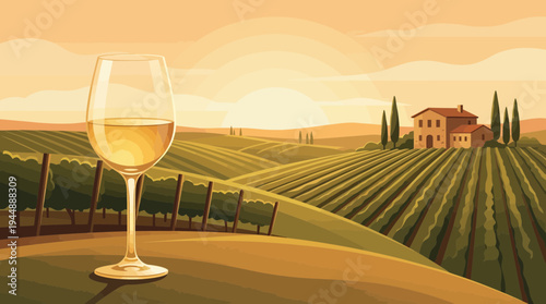 Glass of white wine on a wooden table with sunset vineyard hills and a rustic farmhouse background, concept for winery promotion, luxury travel brochure and organic viticulture marketing